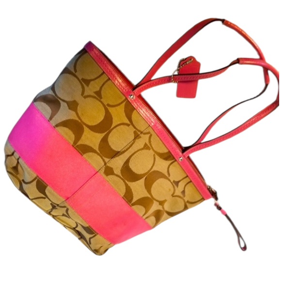 Coach Signature Stripe Tote Bag Y2K Vintage Purse Pink Original Hangtag - Picture 5 of 6